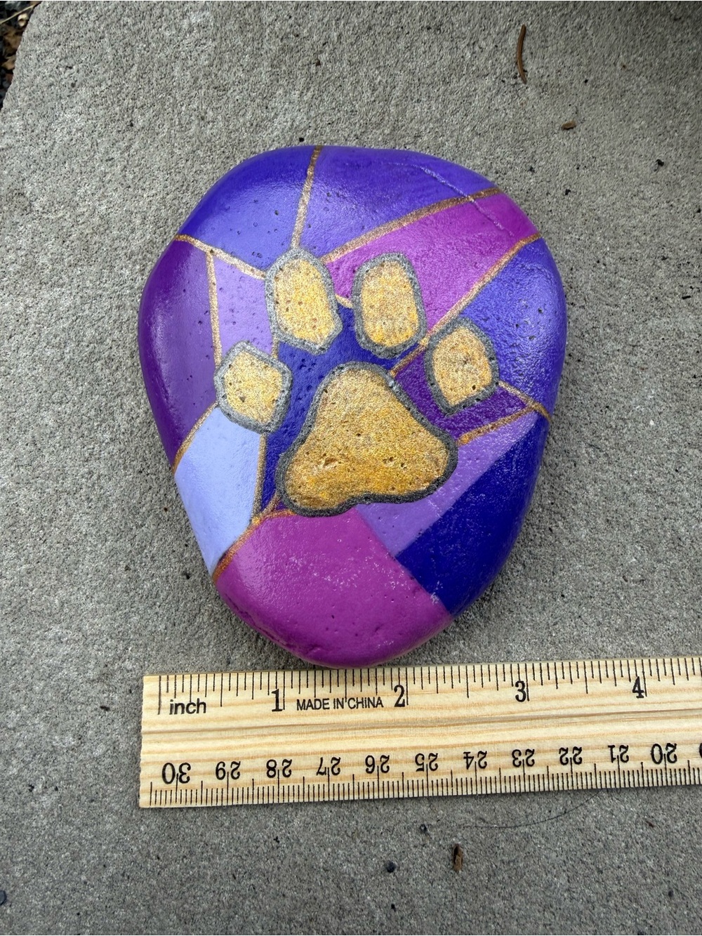 Hand-Painted Purple & Gold Paw Print Decorative Pet Rock